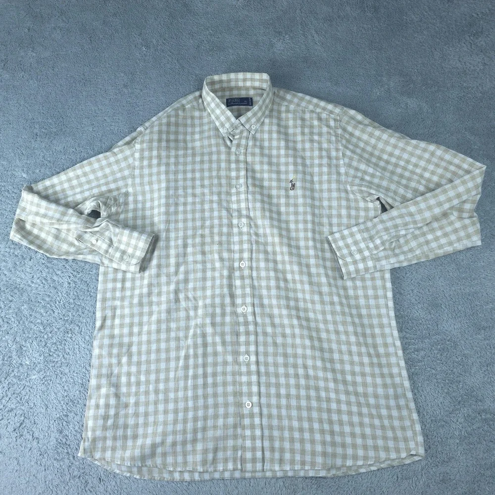 Vintage Polo Ralph Lauren Shirt Mens XL Beige Check Long Sleeve Button Down USA